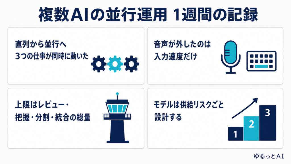複数AIの並行運用で変わった仕事の進め方を4点で示した図解